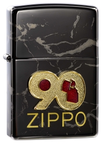 49864 - зажигалка ZIPPO 90th Anniversary Design, High Polish Black, латунь, мраморное покрытие, глянцевая, 38x13x57 мм